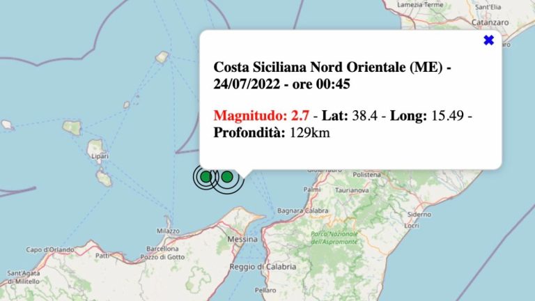 Terremoto in Sicilia oggi, domenica 24 luglio 2022: scossa M 2.7 vicino Messina | Dati INGV