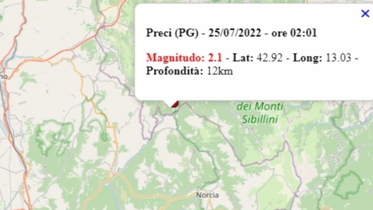 Terremoto in Umbria oggi, 25 luglio 2022, scossa M 2.1 in provincia di Perugia – Dati Ingv