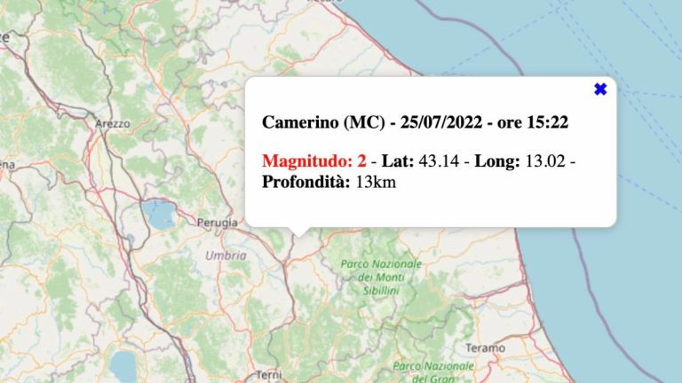 Terremoto nelle Marche oggi, lunedì 25 luglio 2022: scossa M 2.0 in provincia di Macerata | Dati INGV