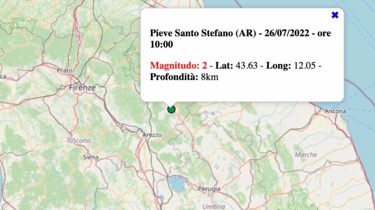 Terremoto in Toscana oggi, martedì 26 luglio 2022: scossa M 2.0 in provincia di Arezzo – Dati INGV