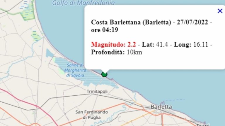 Terremoto in Puglia oggi, 27 luglio 2022: scossa M 2.2 sulla costa barlettana – Dati Ingv