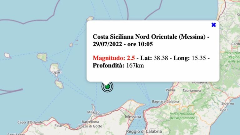 Terremoto in Sicilia oggi, venerdì 29 luglio 2022: scossa M 2.5 vicino Messina | Dati INGV