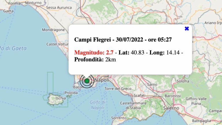 Terremoto in Campania oggi, sabato 30 luglio 2022: scossa M 2.7 Campi Flegrei | Dati INGV
