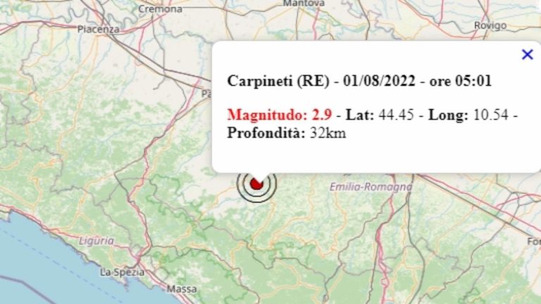 Terremoto in Emilia Romagna oggi, 1 agosto 2022, scossa M 2.9 in provincia di Reggio Emilia – Dati Ingv Terremoto in Emilia Romagna oggi, 1 agosto 2022, scossa M 2.9 in provincia di Reggio Emilia – Dati Ingv