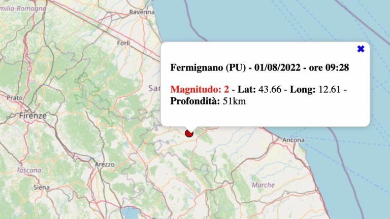 Terremoto nelle Marche oggi, lunedì 1 agosto 2022: scossa M 2.0 in provincia di Pesaro-Urbino | Dati INGV