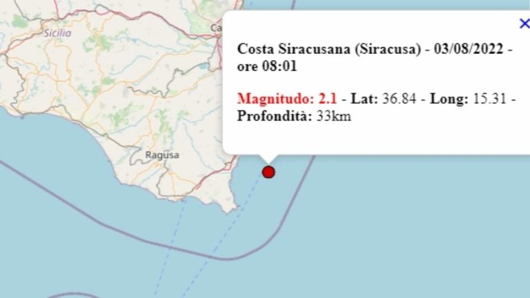 Terremoto in Sicilia oggi, 3 agosto 2022, scossa M 2.1 in provincia di Siracusa – Dati Ingv