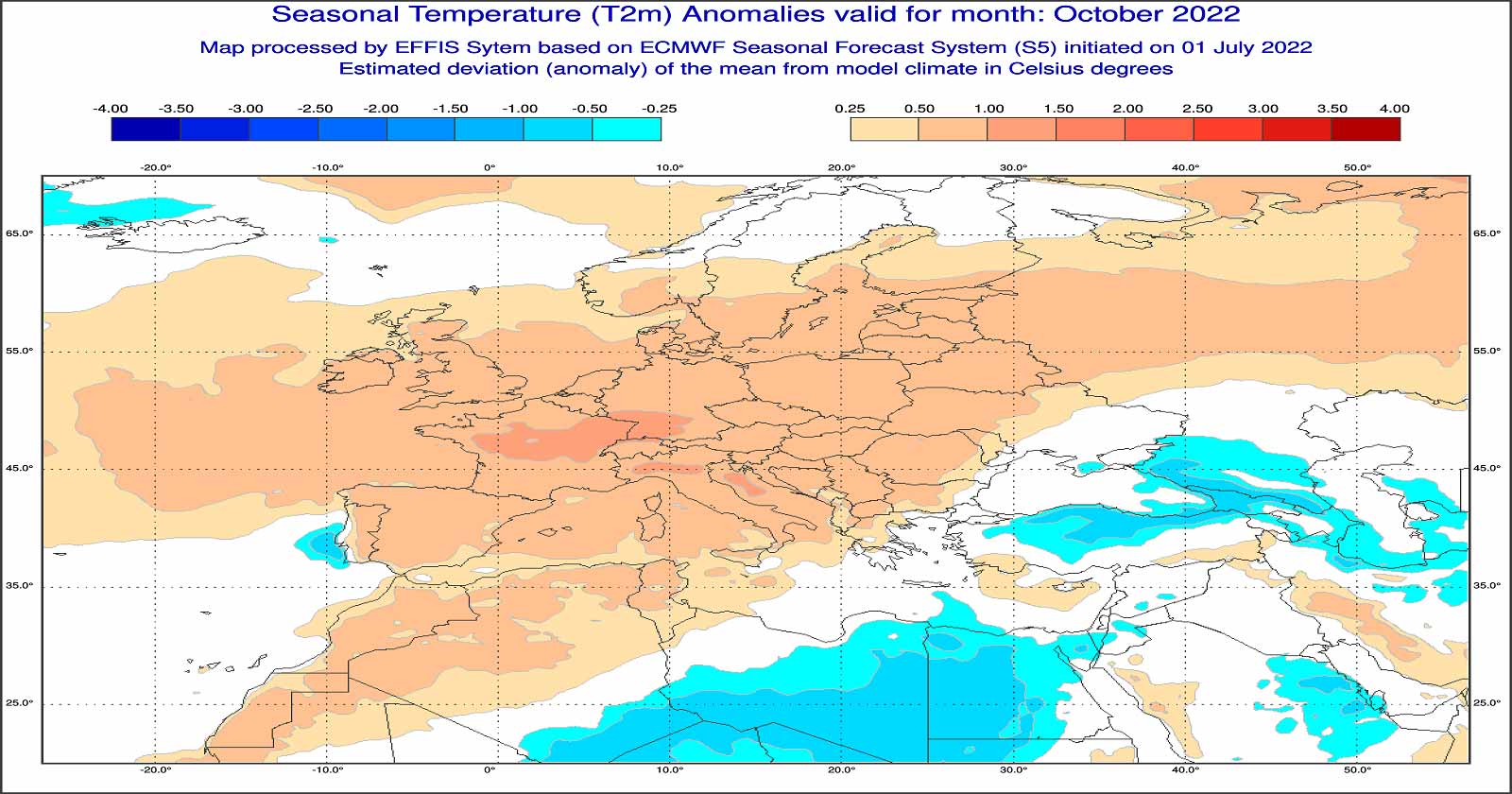 Anomalie di temperatura previste dal modello ECMWF per ottobre 2022 - effis.jrc.ec.europa.eu