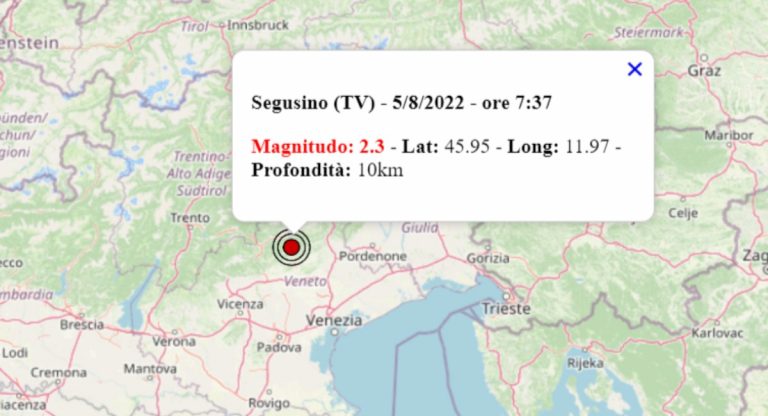 Terremoto oggi in Veneto, 5 agosto 2022: scossa M 2.3 in provincia di Treviso – Dati INGV