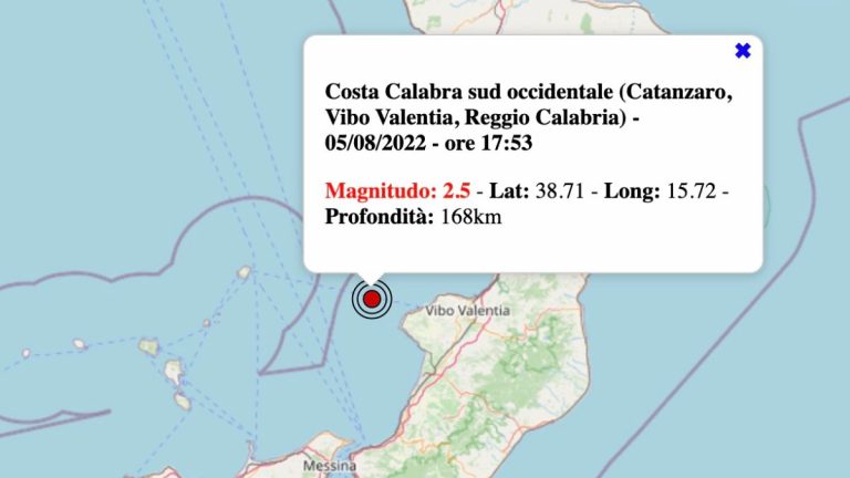 Terremoto in Calabria oggi, venerdì 5 agosto 2022: scossa M 2.5 Costa Calabra | Dati INGV Terremoto in Calabria oggi, venerdì 5 agosto 2022: scossa M 2.5 Costa Calabra | Dati INGV