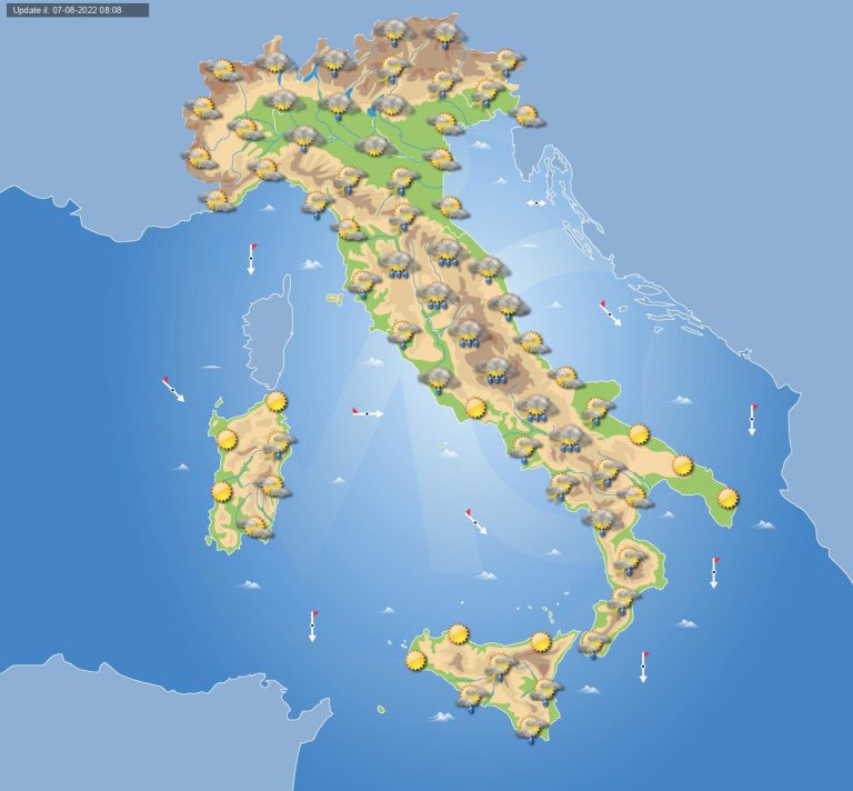 PREVISIONI METEO domani 8 agosto: instabilità in aumento con acquazzoni e TEMPORALI in ITALIA