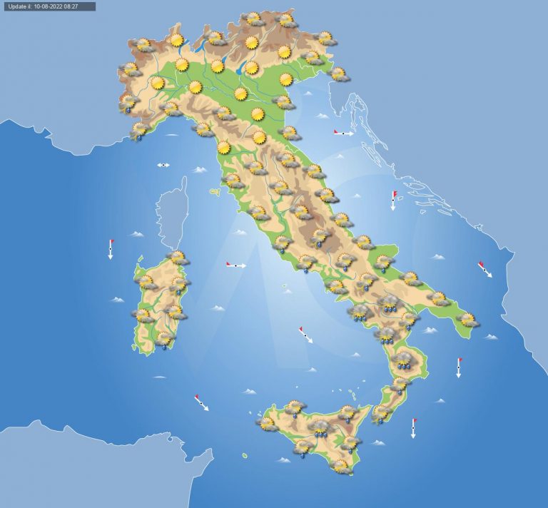 PREVISIONI METEO domani 11 agosto: ancora temporali pomeridiani in ITALIA ma non su tutte le regioni