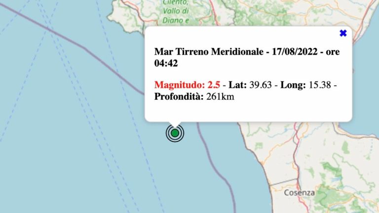 Terremoto in Calabria oggi, mercoledì 17 agosto 2022: scossa M 2.5 Mar Tirreno Meridionale – Dati INGV