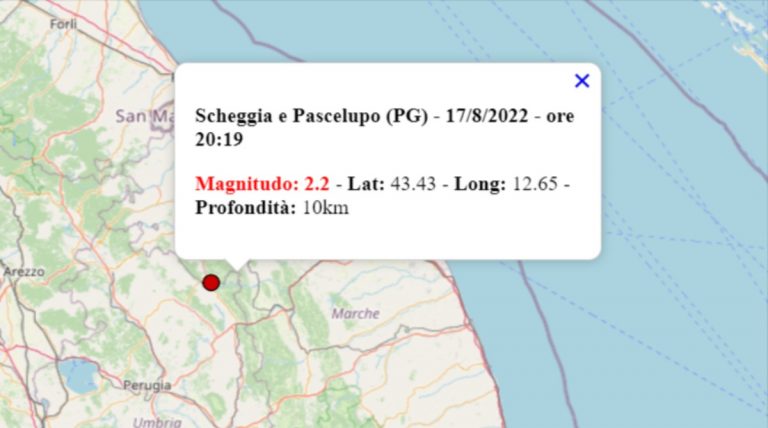 Terremoto oggi in Umbria, 17 agosto 2022: scossa M 2.2 in provincia di Perugia – Dati INGV