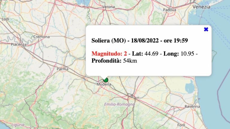 Terremoto in Emilia-Romagna oggi, giovedì 18 agosto 2022: scossa M 2.0 in provincia di Modena | Dati INGV