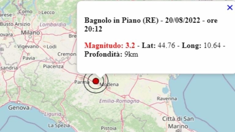 Terremoto in Emilia Romagna oggi, 20 agosto 2022, scossa M 3.2 avvertita in provincia di Reggio Emilia – Dati Ingv