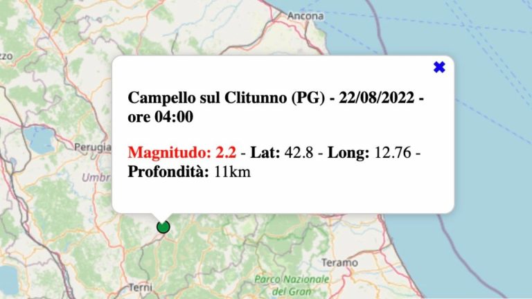 Terremoto in Umbria oggi, lunedì 22 agosto 2022: scossa M 2.2 in provincia di Perugia | Dati INGV