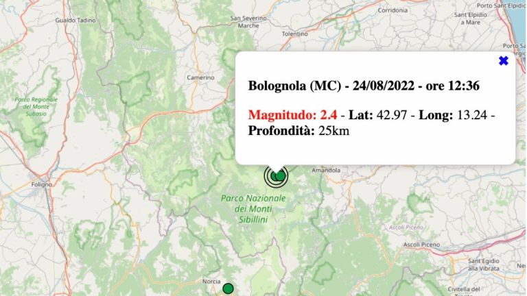 Terremoto nelle Marche oggi, mercoledì 24 agosto 2022: scossa M 2.4 in provincia di Macerata | Dati INGV