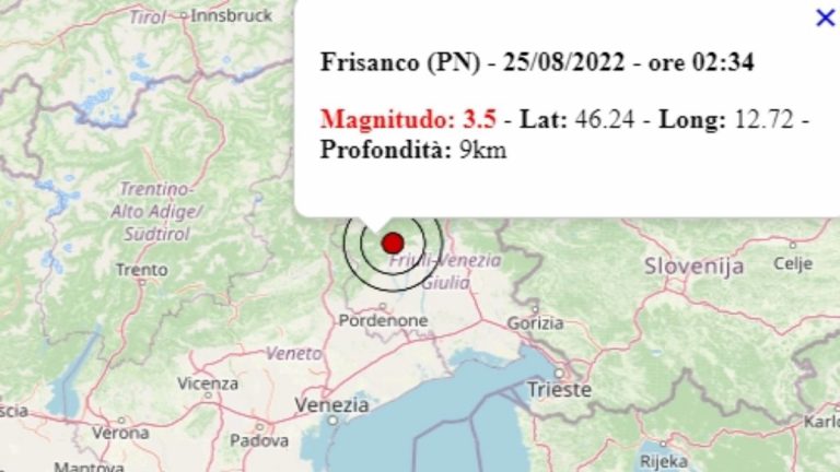 Terremoto in Friuli Venezia Giulia oggi, 25 agosto 2022, scossa M 3.5 in provincia Pordenone – Dati Ingv Terremoto in Friuli Venezia Giulia oggi, 25 agosto 2022, scossa M 3.5 in provincia Pordenone – Dati Ingv
