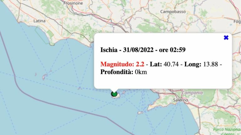 Terremoto in Campania oggi, mercoledì 31 agosto 2022: scossa M 2.2 ad Ischia – Dati INGV Terremoto in Campania oggi, mercoledì 31 agosto 2022: scossa M 2.2 ad Ischia – Dati INGV