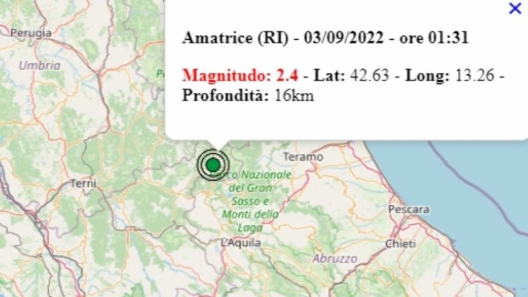 Terremoto nel Lazio oggi, 3 settembre 2022: scossa M 2.4 in provincia Rieti | Dati Ingv