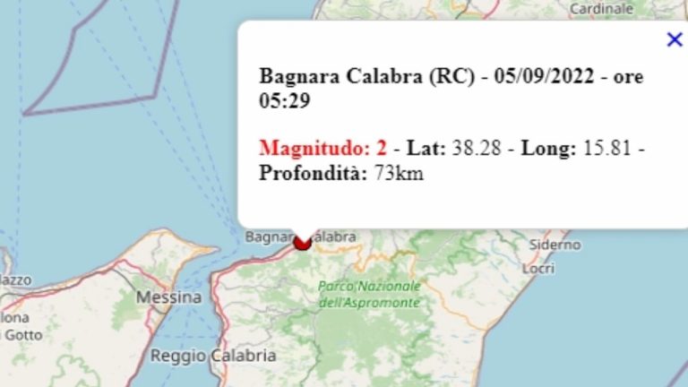 Terremoto in Calabria oggi, 5 settembre 2022, scossa M 2.0 in provincia Reggio Calabria | Dati Ingv