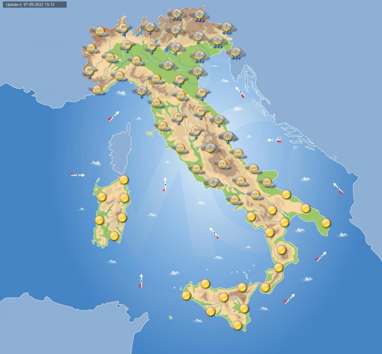 PREVISIONI METEO domani 8 settembre: piogge e temporali in ITALIA, più asciutto e soleggiato al Sud