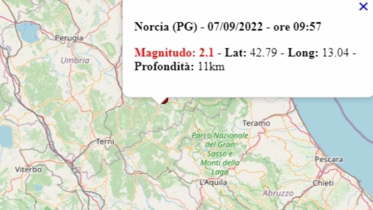 Terremoto in Umbria oggi, 7 settembre 2022, scossa M 2.1 in provincia di Perugia – Dati Ingv