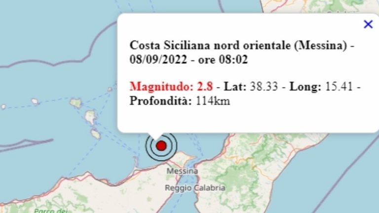 Terremoto in Sicilia oggi, 8 settembre 2022, scossa M 2.8 in provincia di Messina | Dati Ingv