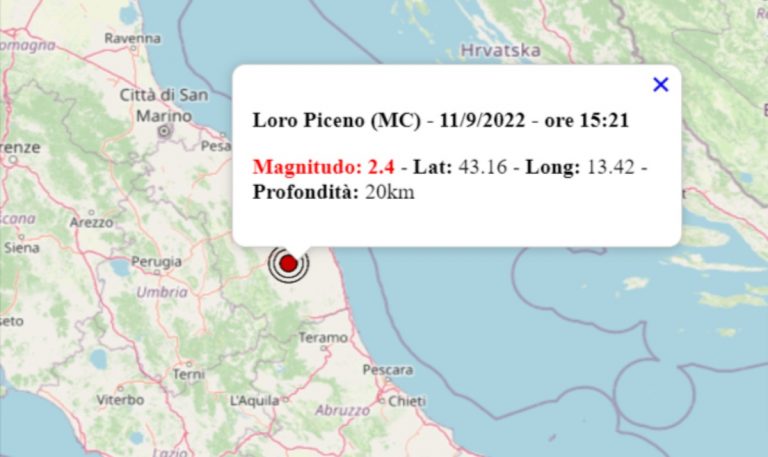 Terremoto oggi nelle Marche, 11 settembre 2022: scossa M 2.4 in provincia Macerata – Dati INGV Terremoto oggi nelle Marche, 11 settembre 2022: scossa M 2.4 in provincia Macerata – Dati INGV