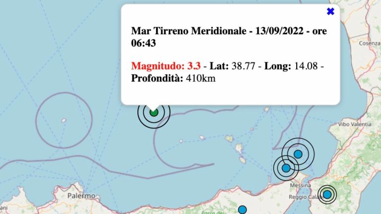 Terremoto in Sicilia oggi, martedì 13 settembre 2022: scossa di M 3.3 sul Tirreno Meridionale | Dati ufficiali INGV