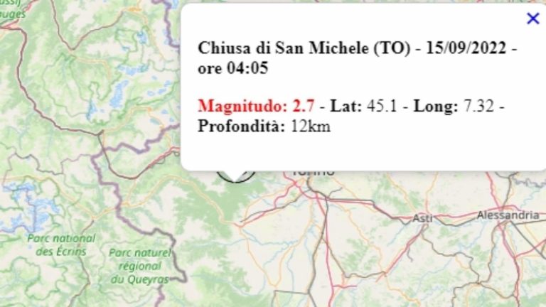 Terremoto in Piemonte oggi, 15 settembre 2022, scossa M 2.7 in provincia di Torino | Dati INGV