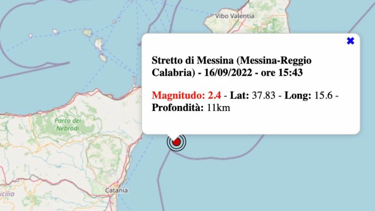 Terremoto in Sicilia oggi, venerdì 16 settembre 2022: scossa M 2.4 Stretto di Messina | Dati INGV Terremoto in Sicilia oggi, venerdì 16 settembre 2022: scossa M 2.4 Stretto di Messina | Dati INGV
