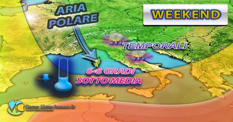 METEO – FRONTE FREDDO in transito nel WEEKEND con forti PIOGGE, TEMPORALI e CROLLO TERMICO: i dettagli