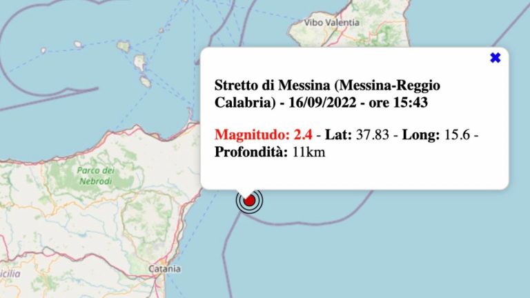 Terremoto in Sicilia oggi, venerdì 16 settembre 2022: scossa M 2.4 Stretto di Messina | Dati INGV