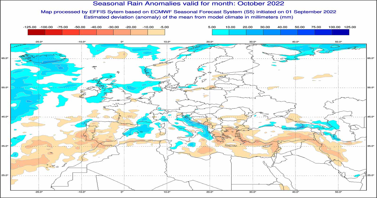 Anomalie di precipitazione previste dal modello ECMWF per ottobre 2022 - effis.jrc.ec.europa.eu