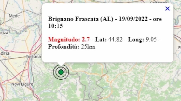 Terremoto in Piemonte oggi, 19 settembre 2022, scossa M 2.7 in provincia di Alessandria – Dati Ingv