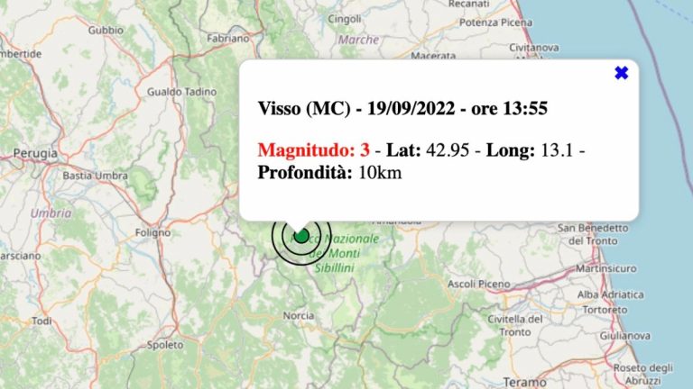 Terremoto nelle Marche oggi, lunedì 19 settembre 2022: scossa M 3.0 in provincia di Macerata | Dati INGV