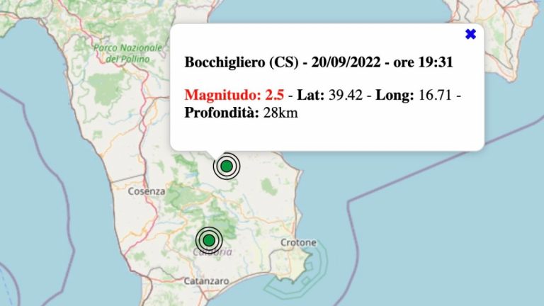 Terremoto in Calabria oggi, martedì 20 settembre 2022: scossa M 2.5 in provincia di Cosenza | Dati INGV