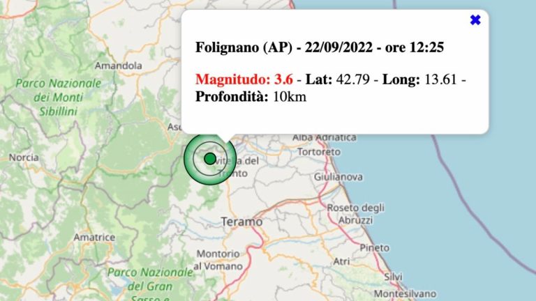 Terremoto nelle Marche oggi, giovedì 22 settembre 2022: scossa M 3.9 in provincia di Ascoli Piceno | Dati INGV