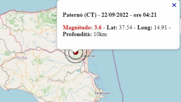Terremoto in Sicilia oggi, 22 settembre 2022, scossa M 3.6 avvertita in provincia di Catania | Dati Ingv