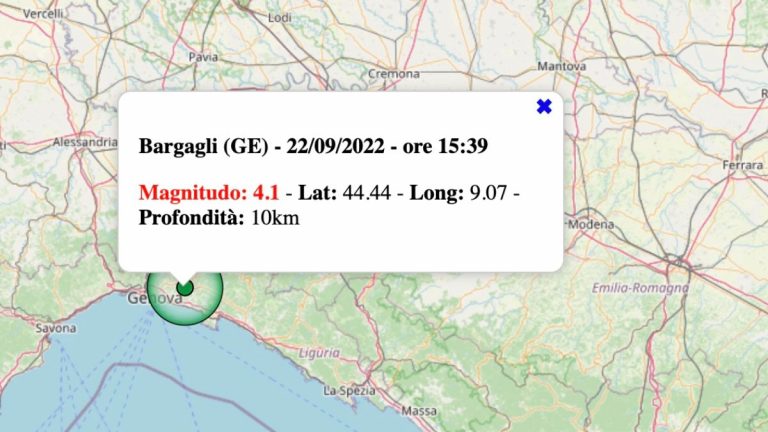 Terremoto in Liguria oggi, giovedì 22 settembre 2022: scossa M 4.1 in provincia di Genova | Dati INGV
