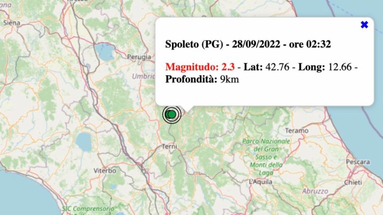 Terremoto in Umbria oggi, mercoledì 28 settembre 2022: scossa M 2.3 in provincia Perugia | Dati INGV