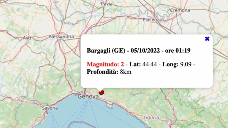 Terremoto in Liguria oggi, mercoledì 5 ottobre 2022: scossa M 2.0 in provincia di Genova | Dati INGV