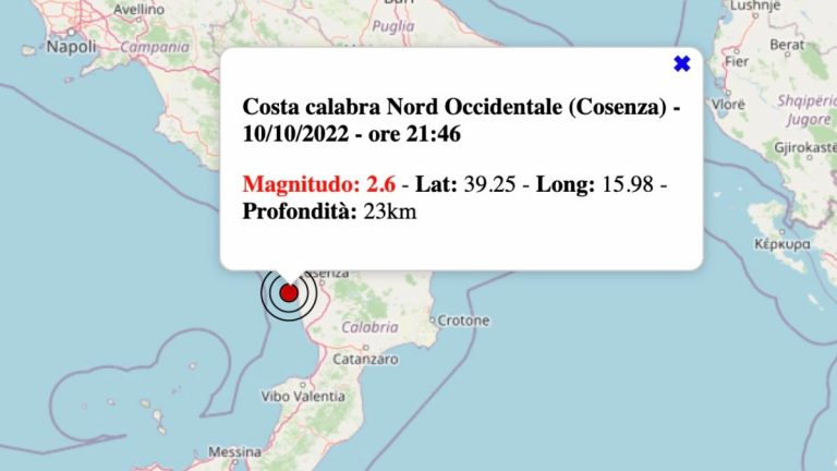 Terremoto in Calabria oggi, lunedì 10 ottobre 2022: scossa M 2.6 Costa Calabra | Dati INGV