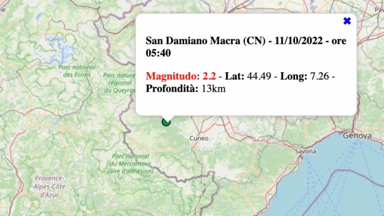 Terremoto in Piemonte oggi, martedì 11 ottobre 2022: scossa M 2.2 in provincia di Cuneo – Dati INGV