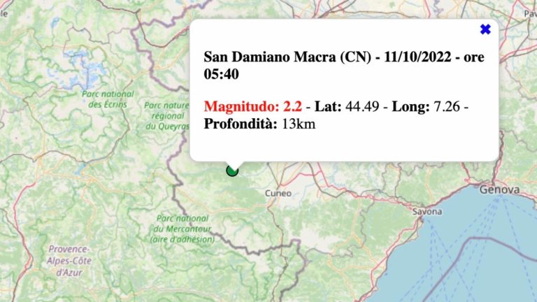 Terremoto in Piemonte oggi, martedì 11 ottobre 2022: scossa M 2.2 in provincia di Cuneo – Dati INGV Terremoto in Piemonte oggi, martedì 11 ottobre 2022: scossa M 2.2 in provincia di Cuneo – Dati INGV
