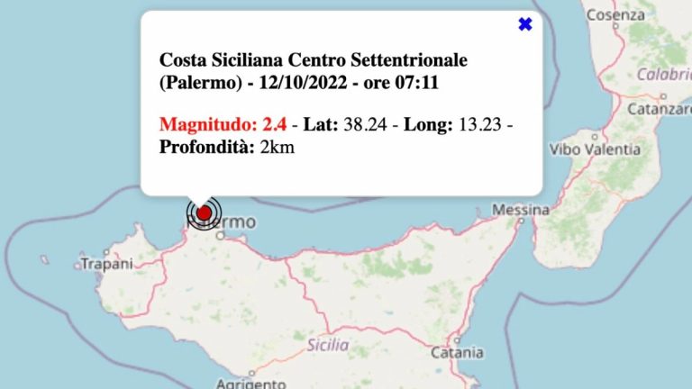 Terremoto in Sicilia oggi, mercoledì 12 ottobre 2022: scossa M 2.4 sulla costa palermitana | Dati INGV
