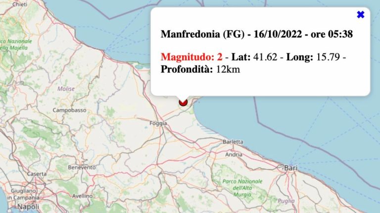 Terremoto in Puglia oggi, domenica 16 ottobre 2022: scossa M 2.0 in provincia Foggia | Dati INGV