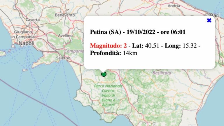 Terremoto in Campania oggi, mercoledì 19 ottobre 2022: scossa M 2.0 in provincia di Salerno | Dati INGV