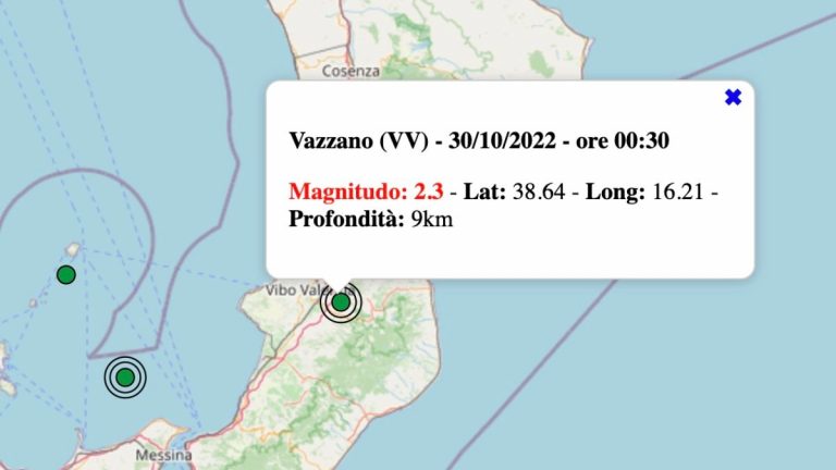 Scossa di terremoto rilevata oggi, domenica 30 ottobre 2022, in Calabria: M 2.3 nei pressi di Vibo Valentia | Dati ufficiali INGV